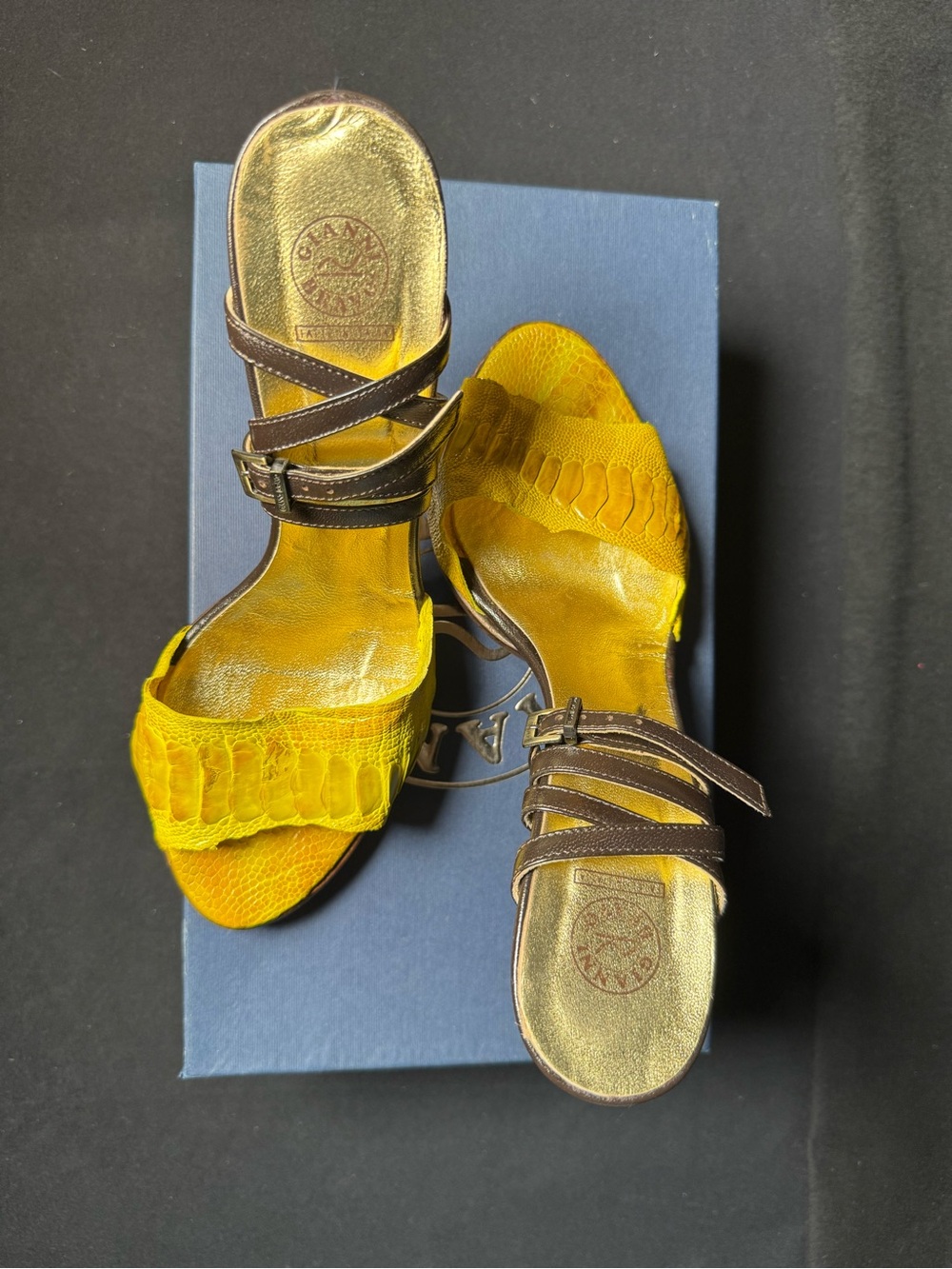 Leather Yellow Heeled Sandals with Brown Straps